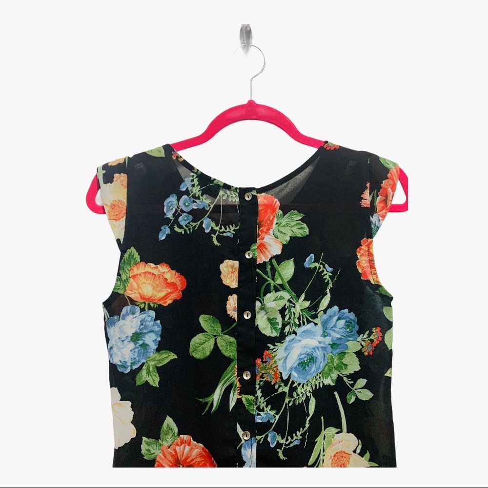 Black Floral Cap Sleeve Sheer Button-Back Blouse - Picture 11 of 13